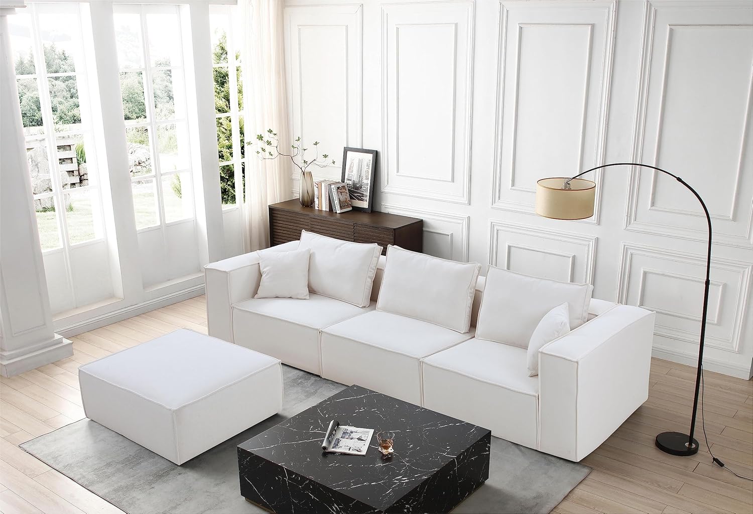 L Shaped Modular Sofa Couch with Ottoman, White Sectional Sofa with Reversible Chaise R587369
