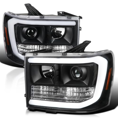 SPEC-D TUNING LED Light Bar Chrome Housing Projector Headlights Compatible with 2007-2013 GMC Sierra 1500 2500HD 3500HD Left + Right Pair Headlamps Assembly
