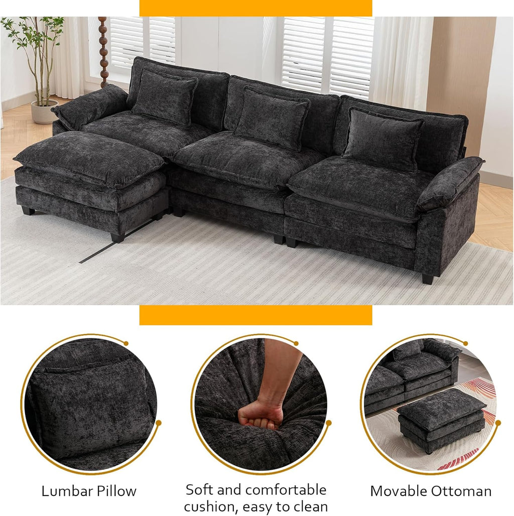IPKIG 117" Sectional Sofa, Chenille L-Shaped Couch with Ottoman, Black L64376
