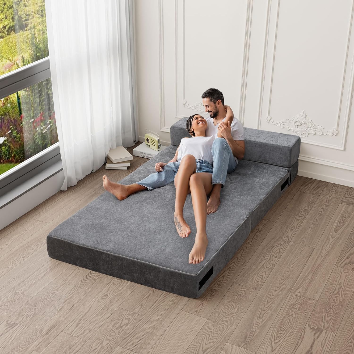 Folding Sofa Bed Convertible Sleeper Chair with Pillow, Gray L576356