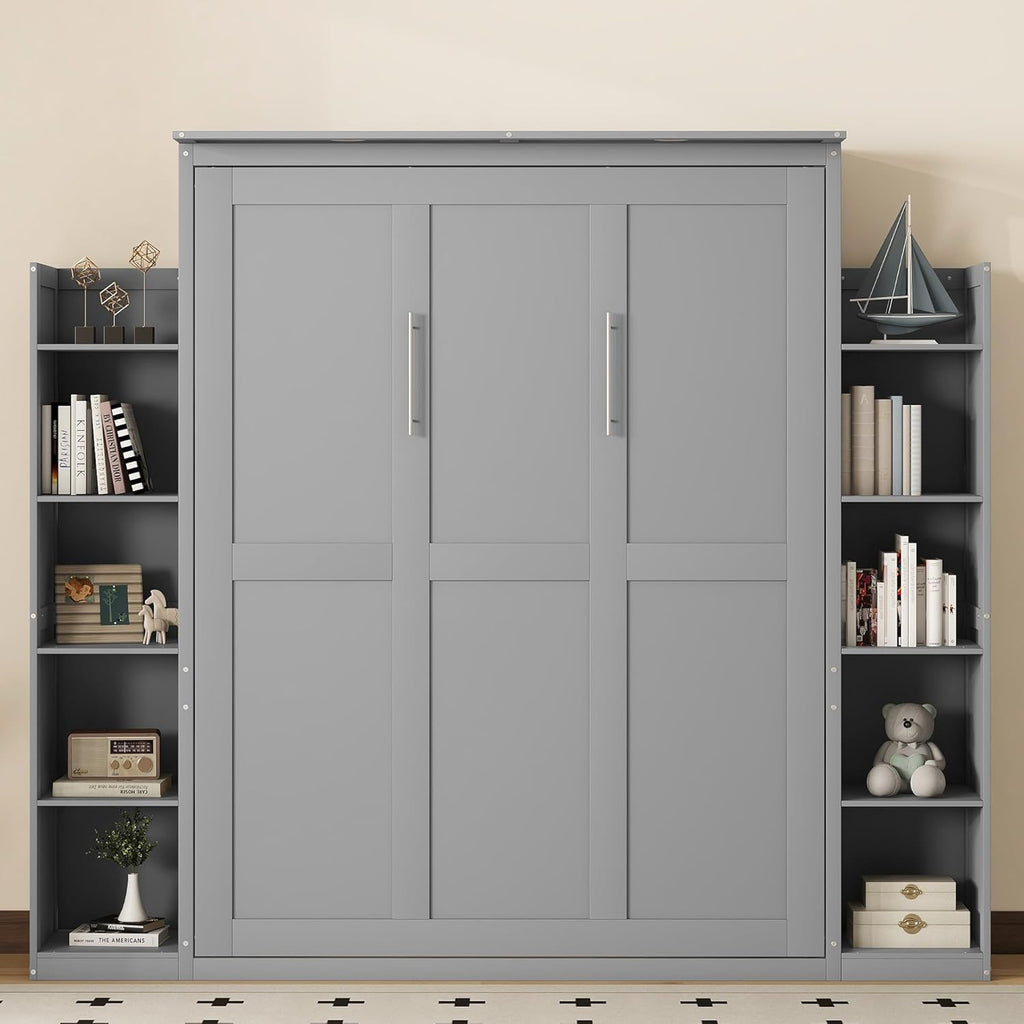 WADRI Queen Size Murphy Bed Wall Bed with Bookshelf, Solid Wood, Gray E603808