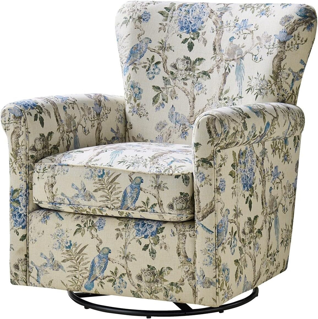 HULALA HOME Georg Floral Fabric Swivel Rocker Chair with Rolled Armrest F6446