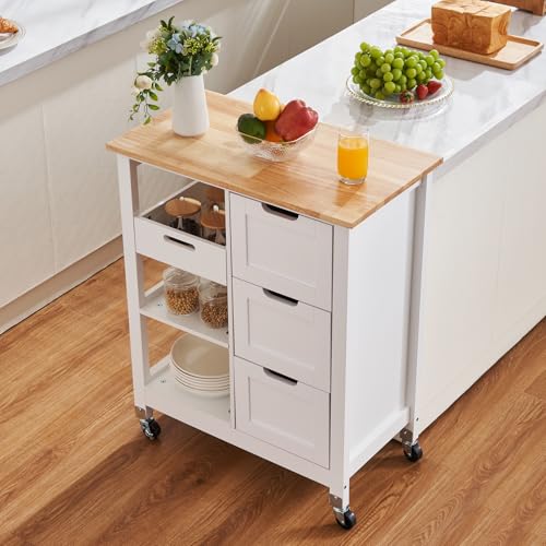 VEVOR Kitchen Island Cart, 26 inch Wood Top Rolling Cart with 3 Drawers D83256