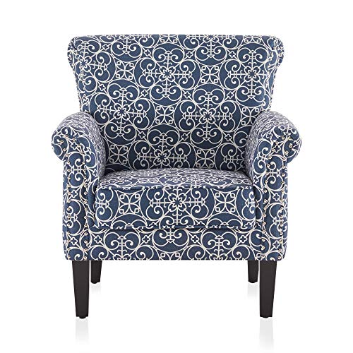 BELLEZE Upholstered Wingback Accent Chair, Navy Blue/White C510