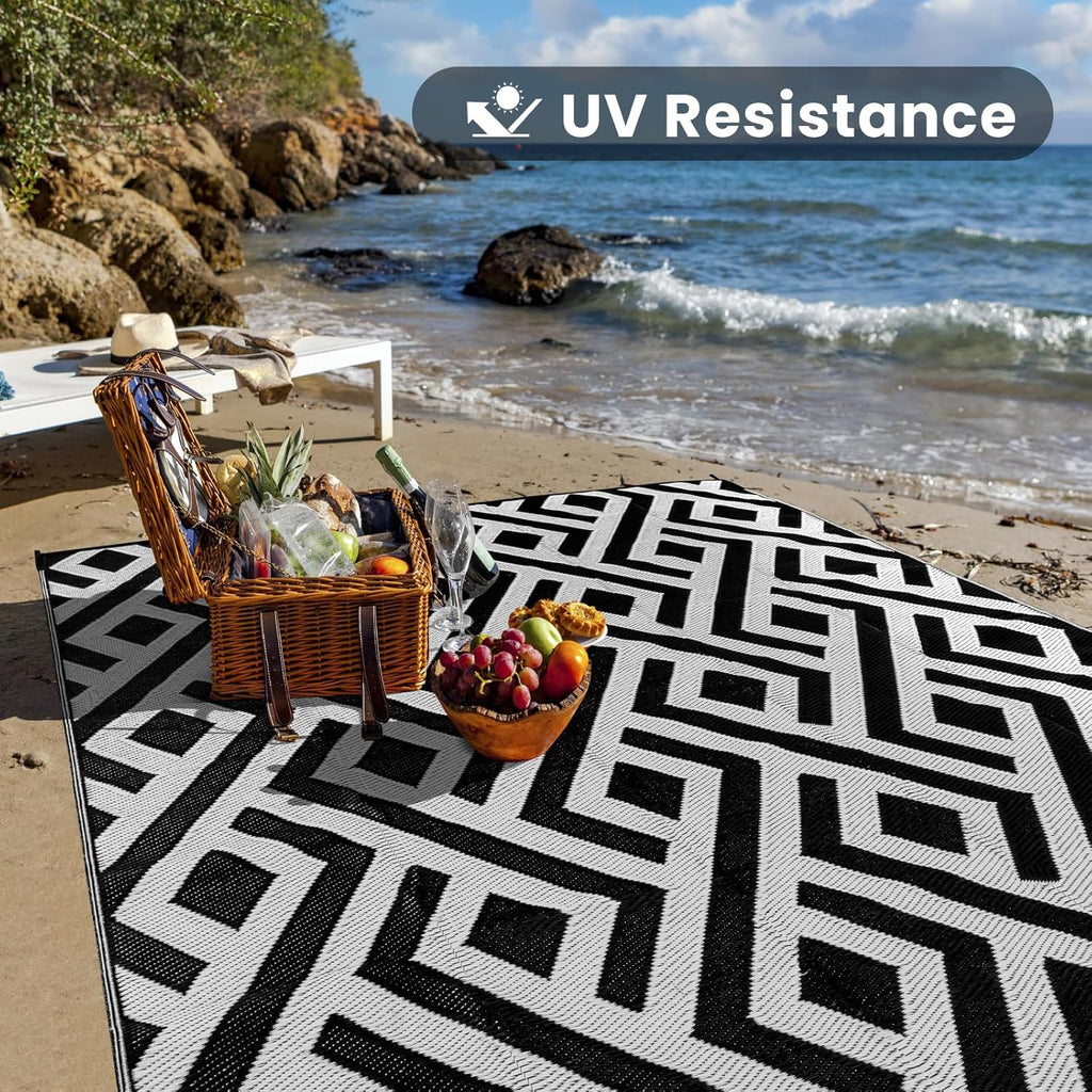 8x10 Outdoor Patio Rug with Carry Bag, Waterproof Reversible Picnic Mat - Black & Light Grey V3121