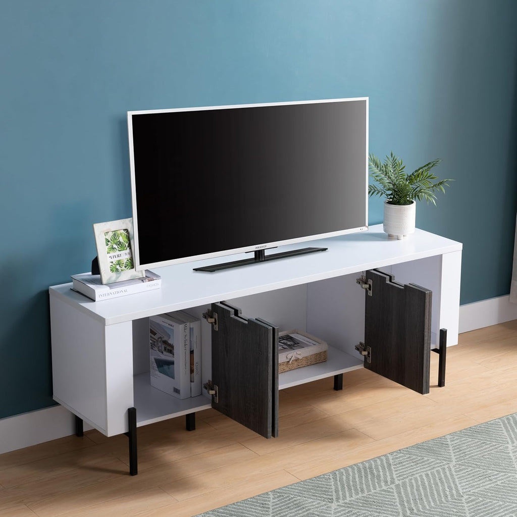 60" Two-Toned TV Stand with Four Cabinet Doors, White & Distressed Grey N748113