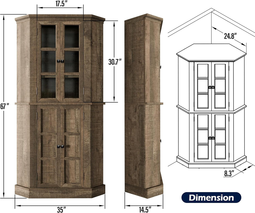 Corner Storage Cabinet 67" Kitchen Pantry with Glass Doors, Farmhouse Tall Curio Display, Rustic Brown Y1061