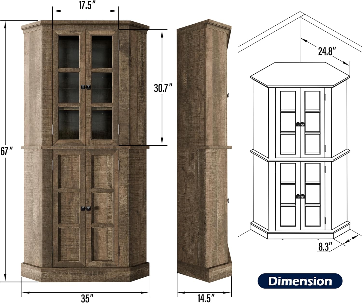 Corner Storage Cabinet 67" Kitchen Pantry with Glass Doors, Farmhouse Tall Curio Display, Rustic Brown Y1061