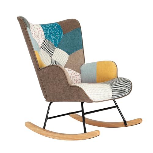Patchwork Rocking Chair Accent Armchair with Footstool and Pillow G7533
