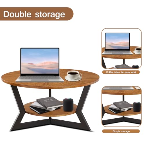 Round Wood Coffee Table with 2-Tier Storage Rack, Metal Legs, 35 x 35 x 17 in L99003