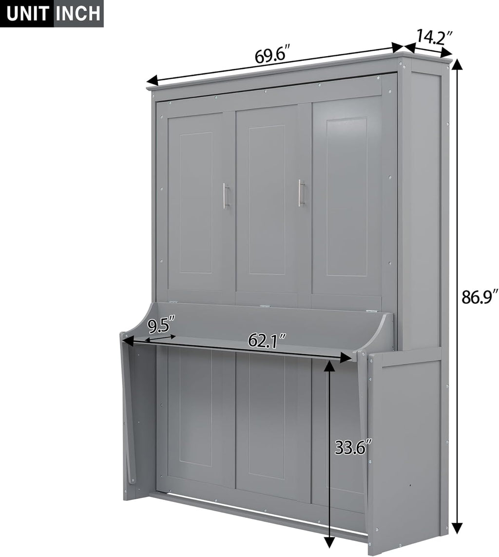 Queen Murphy Bed with Shelf, Space-Saving Wall Bed, Gray O8757