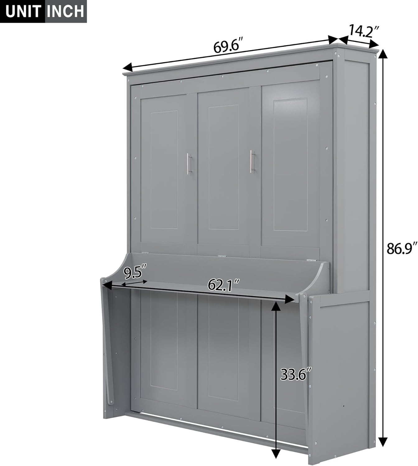Queen Murphy Bed with Shelf, Space-Saving Wall Bed, Gray O8757