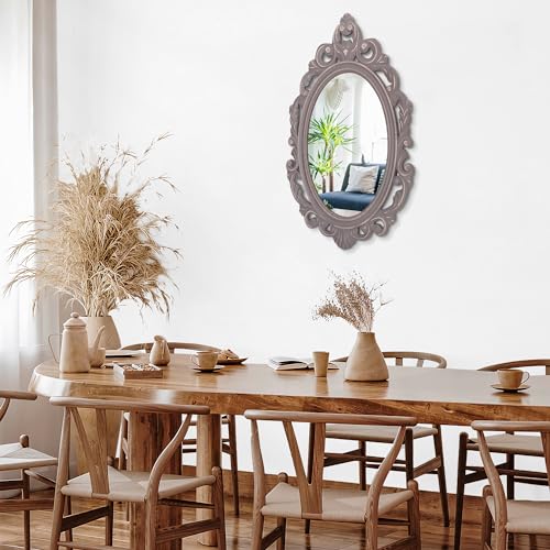 Oval Wooden Hanging Mirror Grey Carved Frame Wall Decor 24"x16" G38518