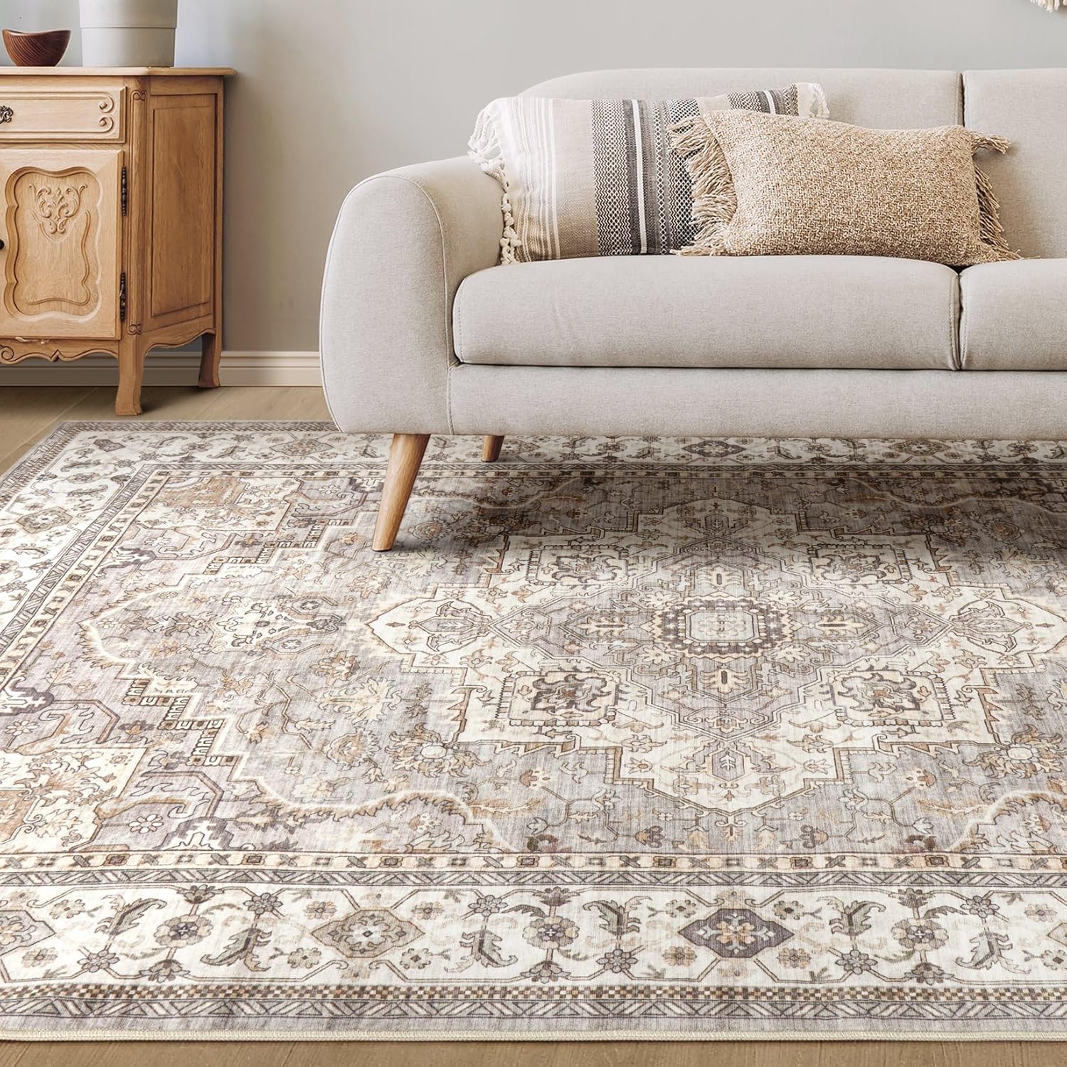 Washable Area Rug 8x10 Neutral Vintage Floral for Living Room X83094
