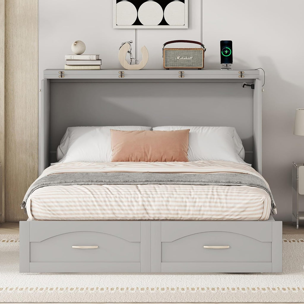 Full Size Murphy Cabinet Bed with Charging Station, Gray R7327