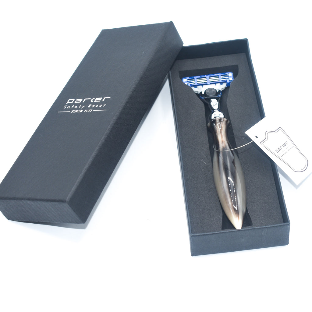 Parker Safety Razor 50M Genuine Ox Horn Mach 3 with 1 Gillette Blade C654