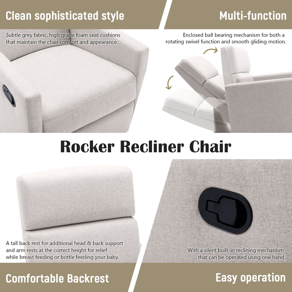 Paproos Swivel Rocker Recliner, Upholstered Fabric Chair for Nursery, Tan S83295