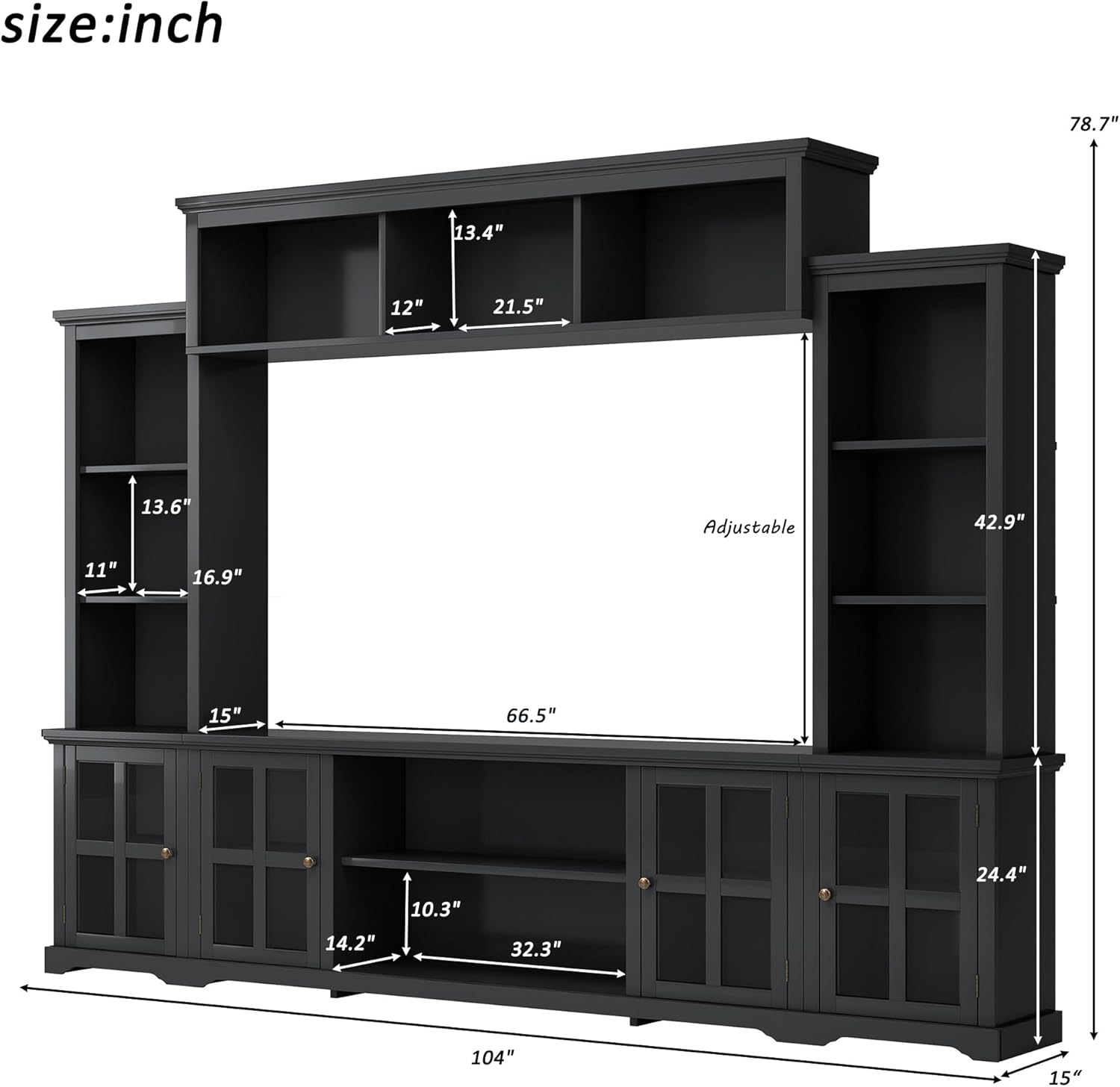 Entertainment Wall Unit with Bridge for TVs Up to 70", Black, 104 Inch W534004