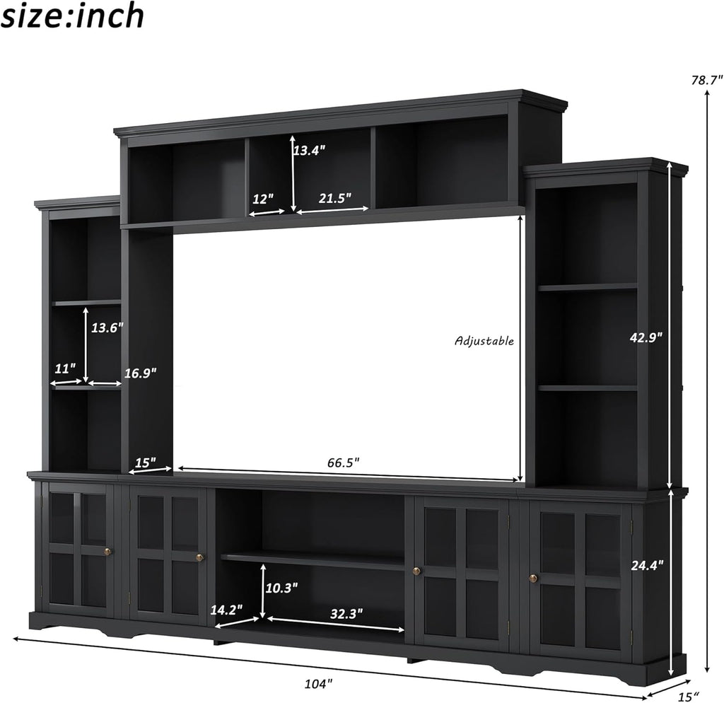Modern Entertainment Wall Unit for TVs Up to 70" with Glass Doors, Black Y208870