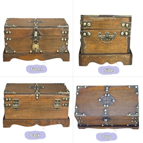Wooden Treasure Chest Box with Lock for Jewelry and Trinkets P479
