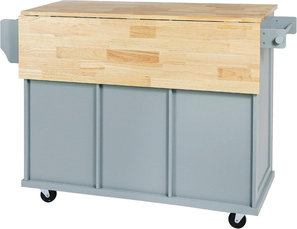 Kitchen Cart with Rubber Wood Drop-Leaf Countertop, 5 Wheels, Blue L307