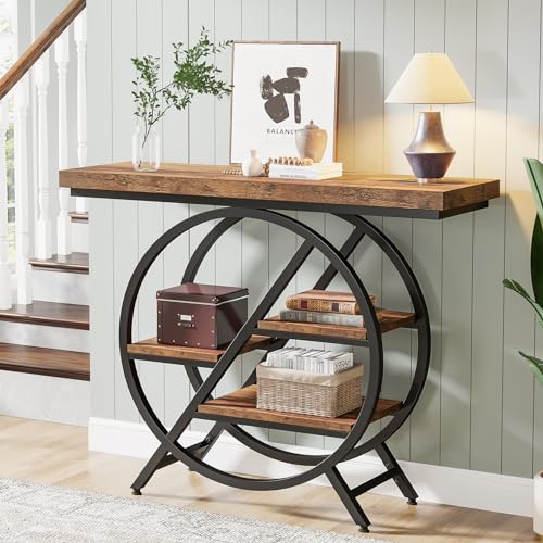 Tribesigns Console Table, 39.4-Inch Entryway Table with Thickened Tabletop, 4- Tier Industrial Narrow Hallway Sofa Table with Geometric Metal Frame for Living Room, Entryway, Rustic Brown