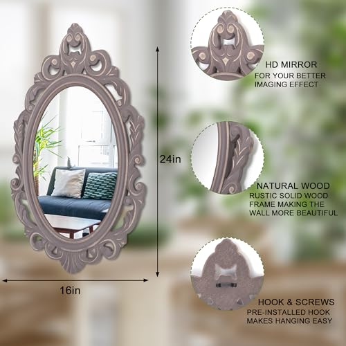 Oval Wooden Hanging Mirror Grey Carved Frame Wall Decor 24"x16" G38518