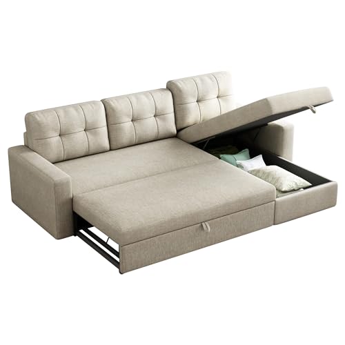 81.5" L-Shape Sleeper Sectional Sofa with Storage Chaise and Pull-Out Bed, Beige Q819814