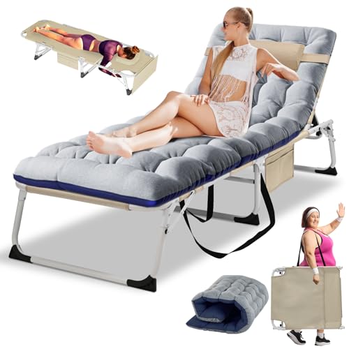 LILYPELLE Lounge Chair with Mattress, Heavy Duty Outside Lounge Chair Outdoor Portable Folding Lounge Chair Sleeping Cots Bed for Camping, Pool, Beach, Patio