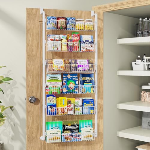 Over The Door Pantry Organizer, 6-Tier Pantry Organization and Storage, Metal Hanging Spice Rack for Pantry Door, Kitchen, Laundry, Bathroom Organization, Back of Door Seasoning Rack, Black