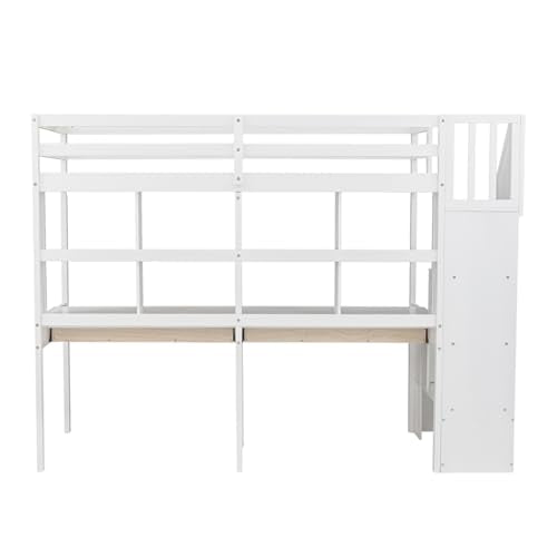 Harper & Bright Designs Twin Size Loft Bed with Stairs and Desks, White A4887