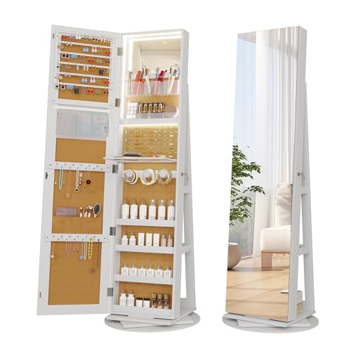 Vlsrka 360° Swivel Jewelry Cabinet with Lights and Full Length Mirror, Black R450