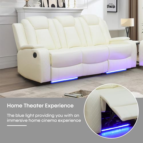 Leather Recliner Sofa Set with LED Lights, USB Port, Black, 3 Piece O741