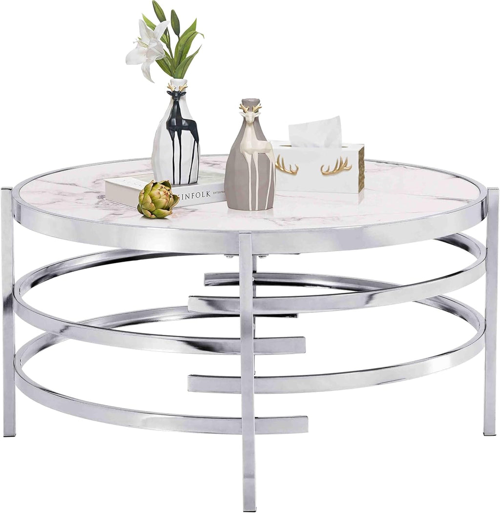 Goujxcy Modern Round Coffee Table with Faux Marble & Silver Metal Frame R713512