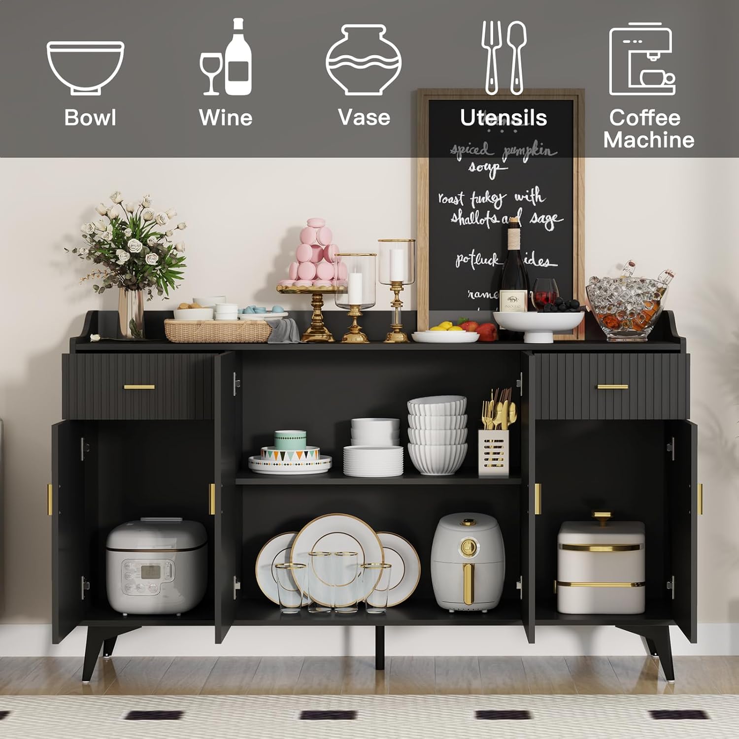 Wakefit Sideboard Buffet Cabinet with Storage, Fluted Doors & Drawer, Black Q8624