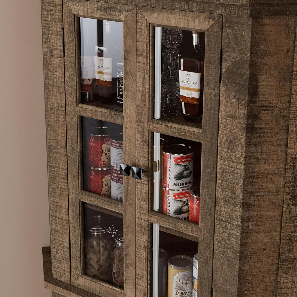 Corner Storage Cabinet 67" Kitchen Pantry with Glass Doors, Farmhouse Tall Curio Display, Rustic Brown Y1061