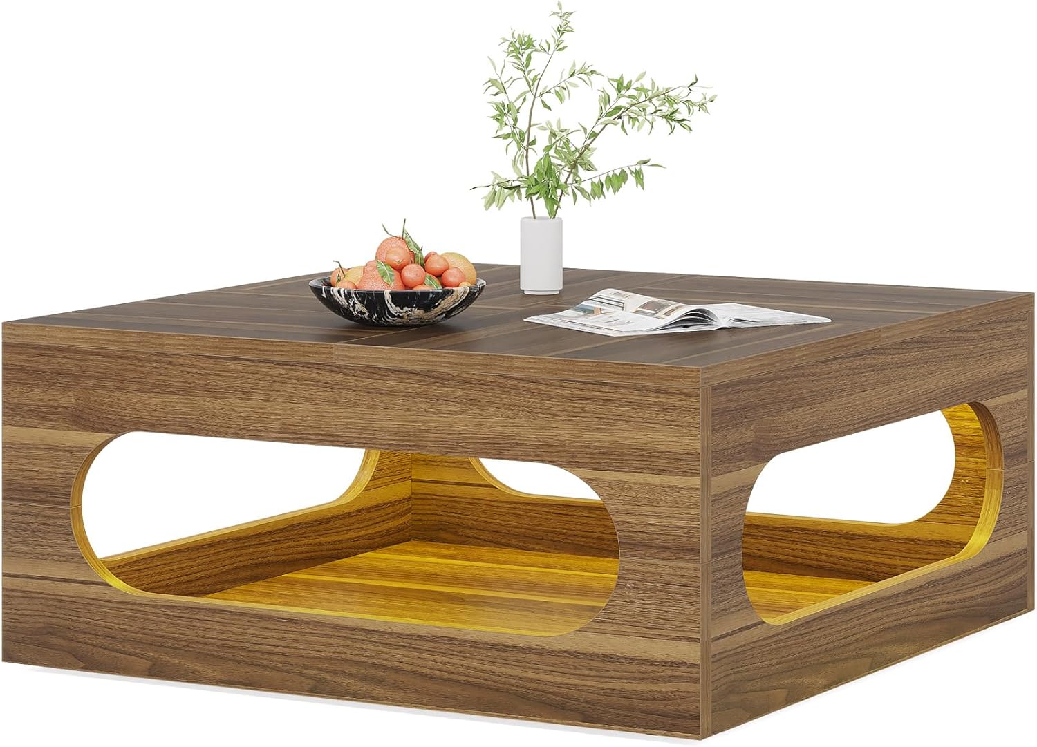 Tribesigns 43-Inch Square Coffee Table with LED Light and Storage, Brown B9843