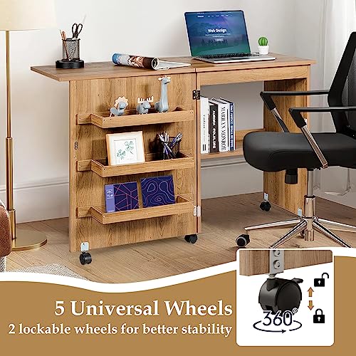 COSTWAY Folding Sewing Table with Shelves and Lockable Wheels I6331