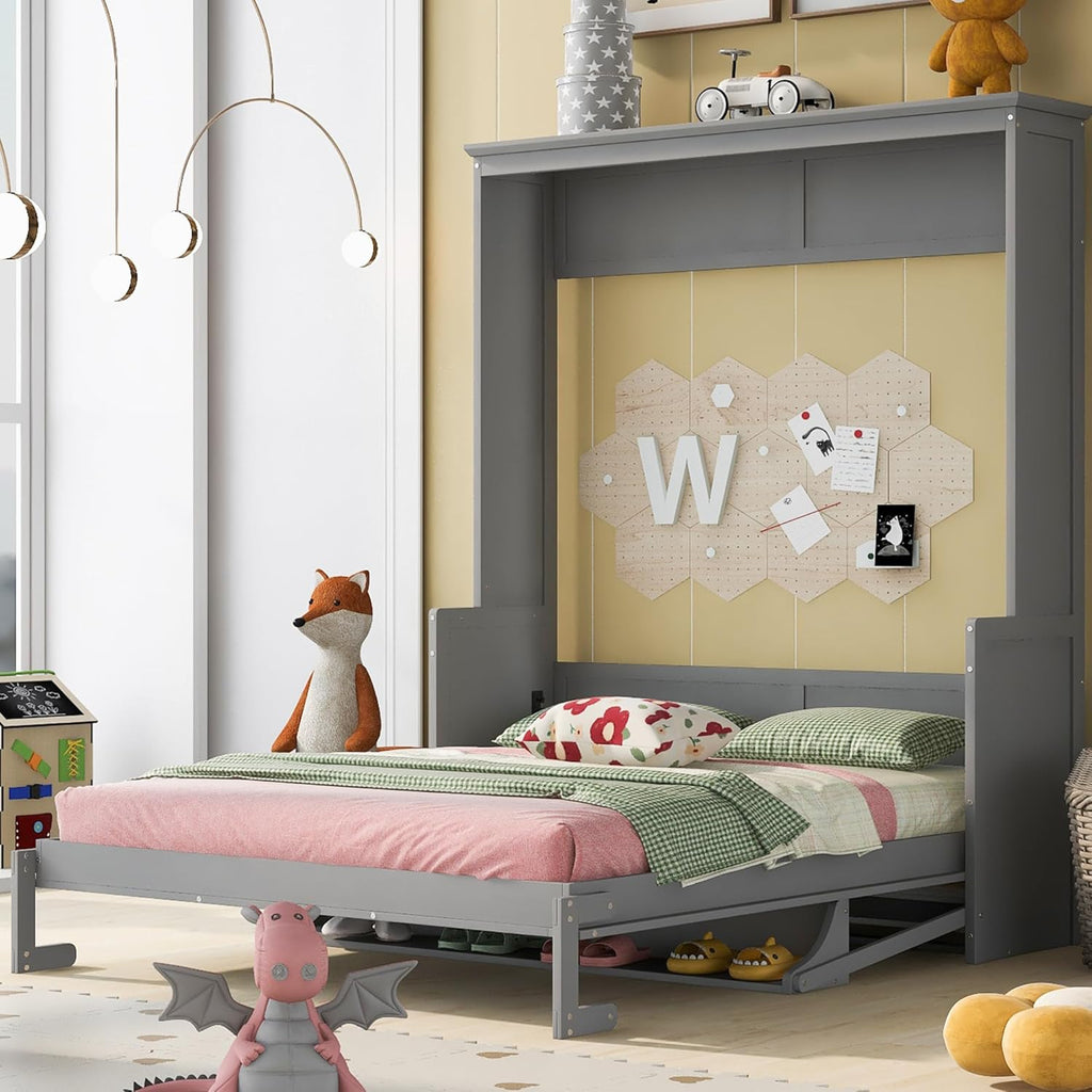 Queen Murphy Bed with Shelf, Space-Saving Wall Bed, Gray O8757