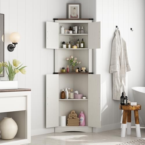 68" Tall Farmhouse Corner Cabinet with 4 Doors and Adjustable Shelves, Antique White C820