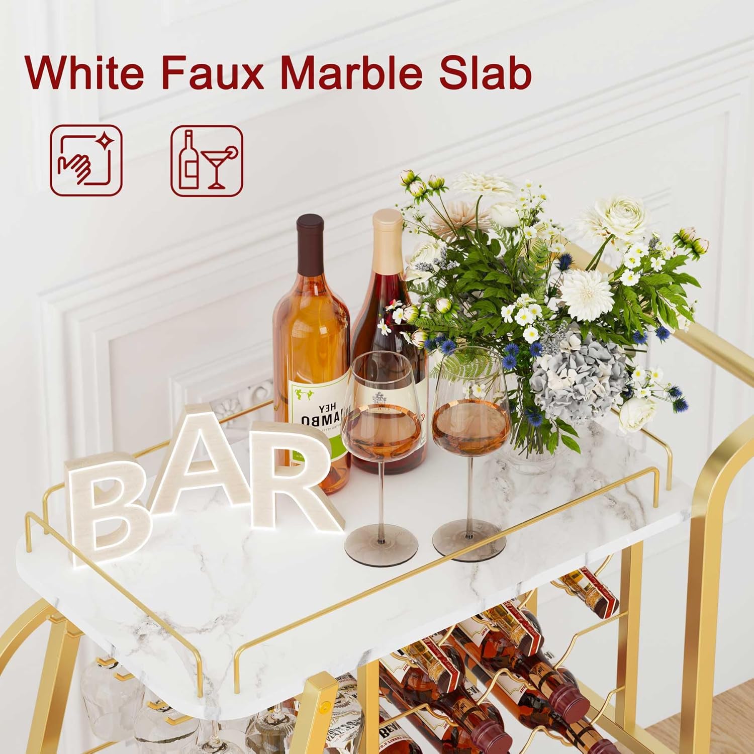Industrial 3 Tier Mobile Gold Bar Cart with Wine Rack and Glass Holders D2731