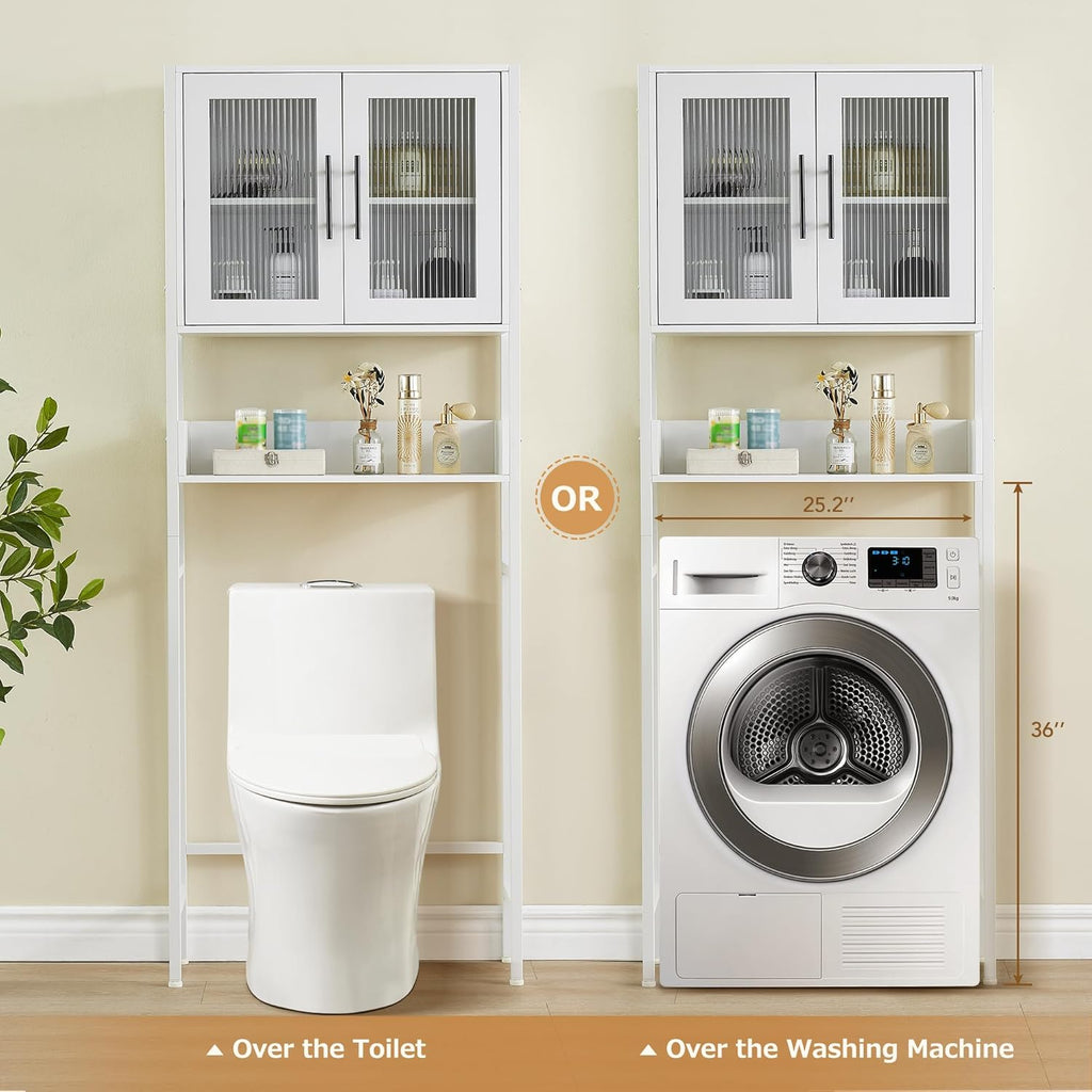 IDEALHOUSE Over The Toilet Storage Cabinet, White, with Glass Doors and Adjustable Shelves E12536