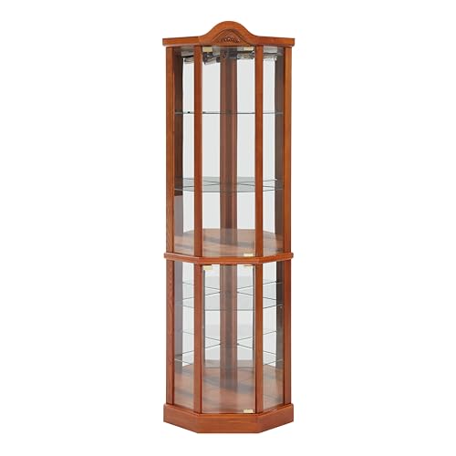 Lighted Wooden Corner Curio Cabinet with Mirrored Back Panel, Oak G629