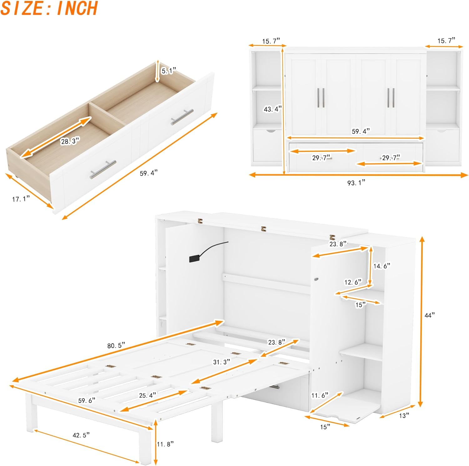 Queen Size Murphy Bed with Shelves, Drawers and USB Ports, White C31721