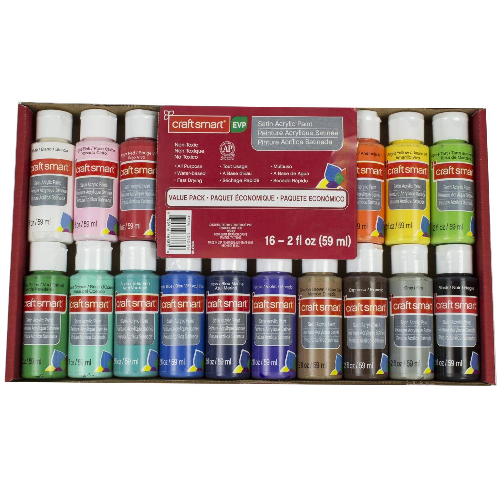 Multi-Surface Satin Acrylic Paint Value Pack by Craft Smart, 16 Colors, 2 oz.