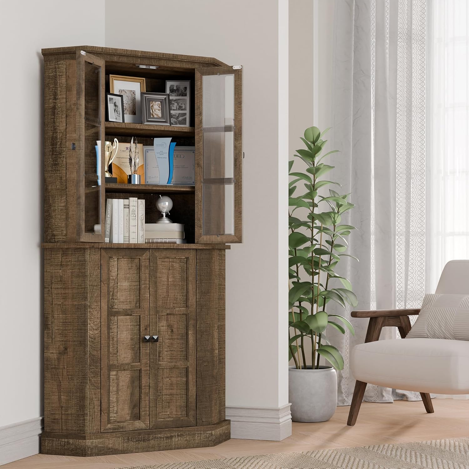 Corner Storage Cabinet 67" Kitchen Pantry with Glass Doors, Farmhouse Tall Curio Display, Rustic Brown Y1061