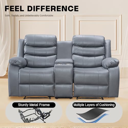 Leather Recliner Sofa, Double Recliner with Cup Holder, Grey I125022