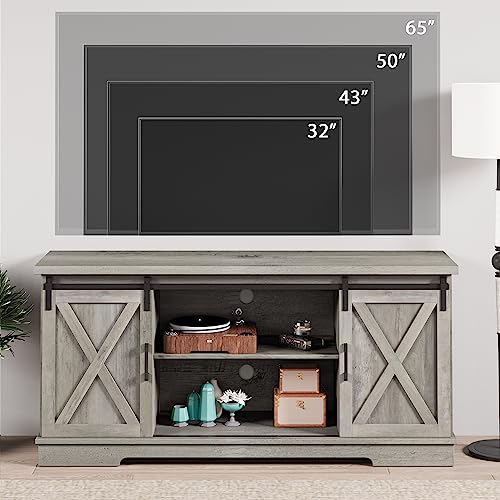 IDEALHOUSE Farmhouse TV Stand for 65 Inch TV with Sliding Barn Doors, White U78240