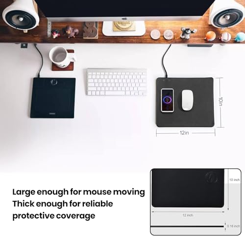 Desk Mat with Wireless Charging Mouse Pad, 32x16, Waterproof Black Leather T876860