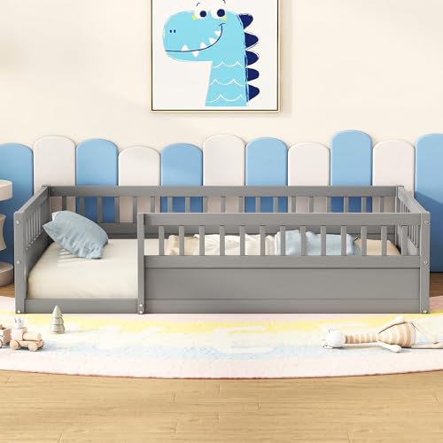 Twin Size Montessori Floor Bed for Kids with High Fence Railings, White R84810